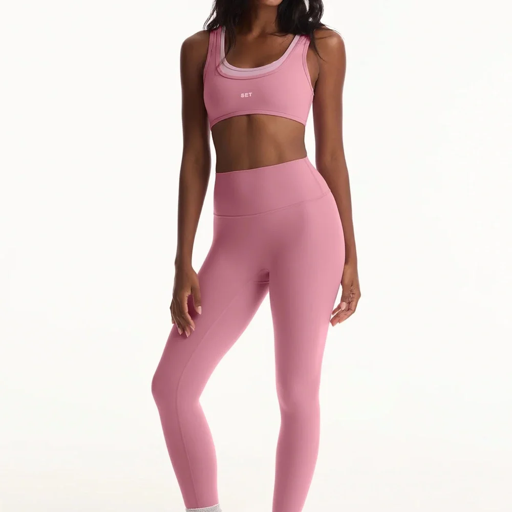 NEW Set Active Large XL Pink Matching Set Glossy Leggings Double Layer Sport bra